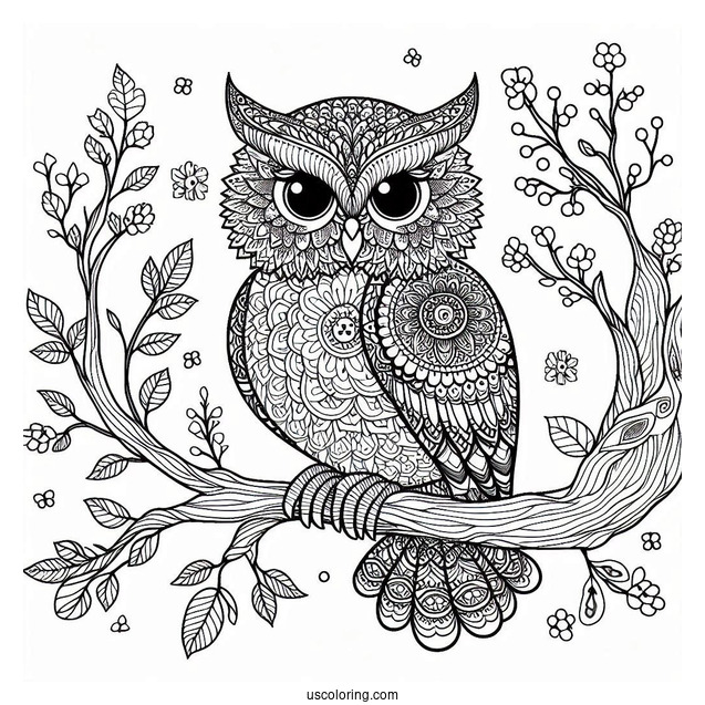 Owl Perched On A Tree Branch Animal Mandala Coloring Page