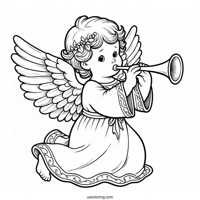 Boy Angel In White Robes Playing Trumpet
