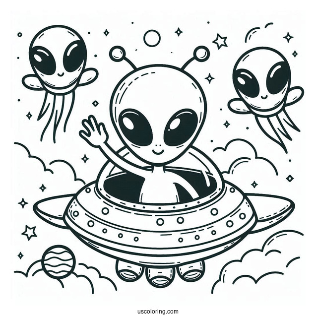 Cute Alien Coloring Page Waving From A Spaceship
