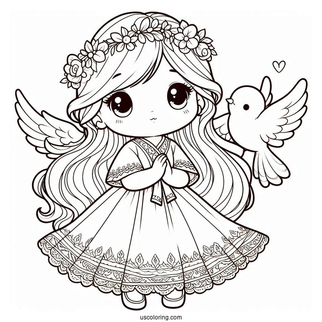 Adorable Angel Girl Holding a Dove To Color