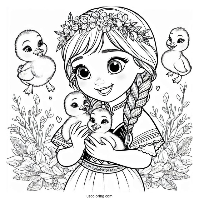 Anna Holding Ducklings Coloring Sheet
