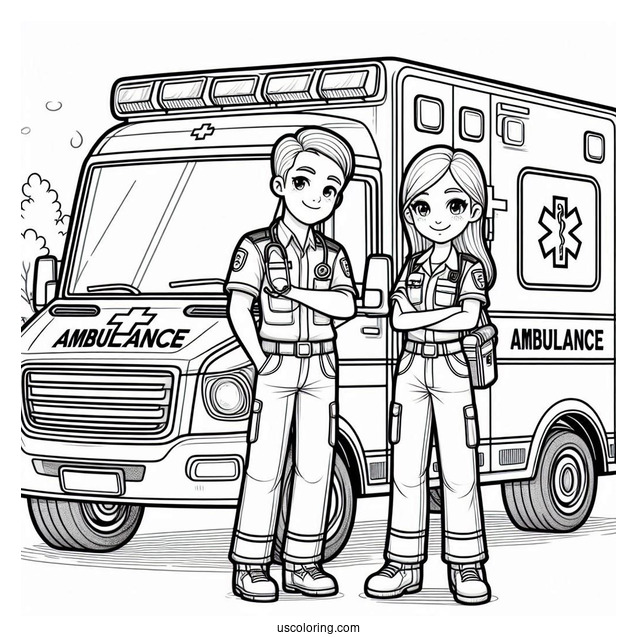 Male And Female Paramedics Standing In Front Of An Ambulance Coloring Page