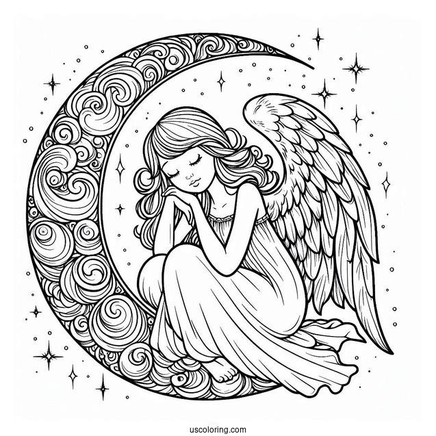Peaceful Angel Resting On Crescent Moon