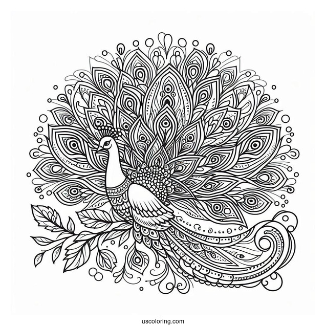 Peacock Spreading Its Wings Animal Mandala Coloring Page