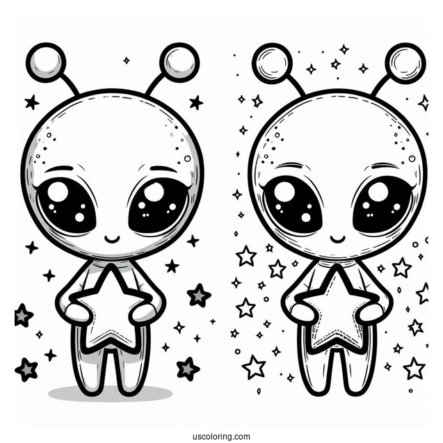 Chibi Alien Coloring Page Holding A Star For Preschoolers