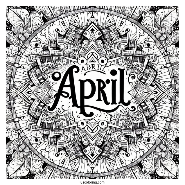 April Coloring Page Bold Text At The Center Of An Intricate Mandala