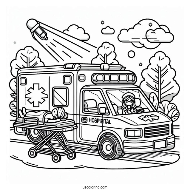 Ambulance Coloring Page Dropping Off Patient At Hospital For Kids