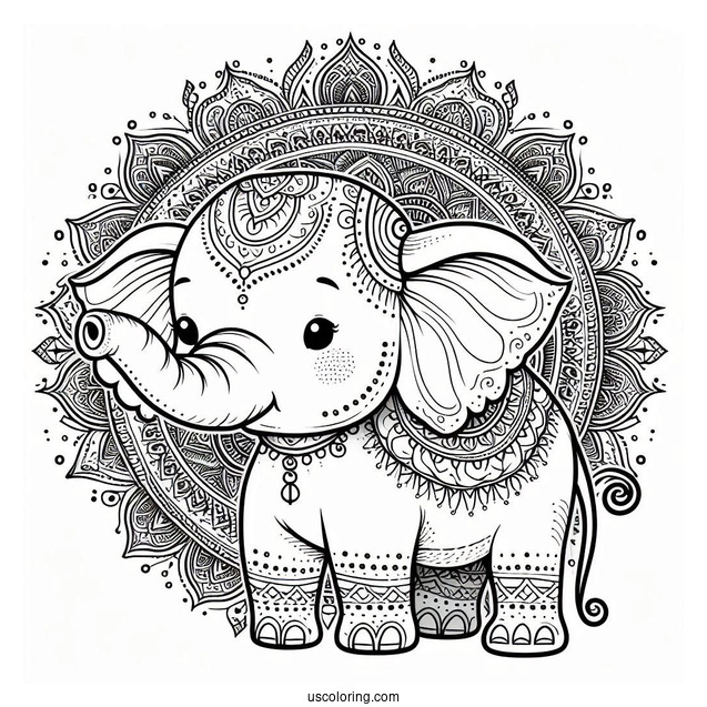 Vintage Baby Elephant Animal Mandala Coloring Page