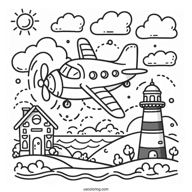 Cute Cartoon Plane Coloring Page For Kids