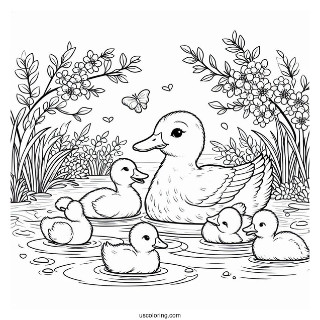 Ducklings Swimming In A Pond In April Coloring Page For Kids