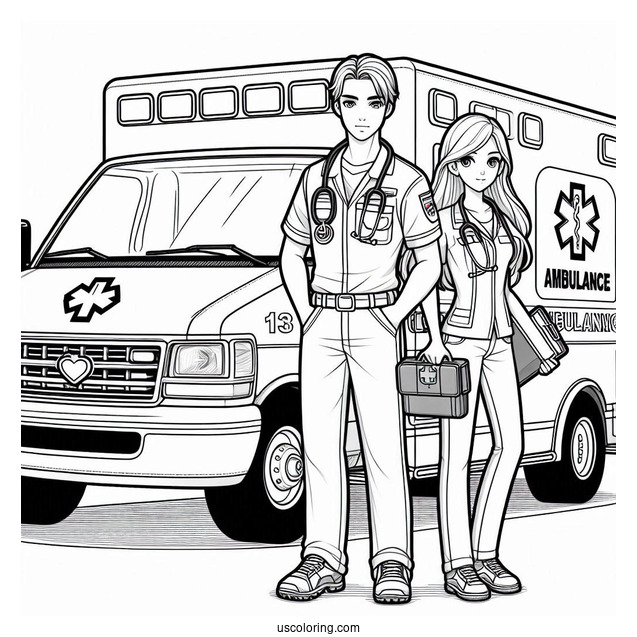 Male And Female Paramedics Standing In Front Of An Ambulance Coloring Page