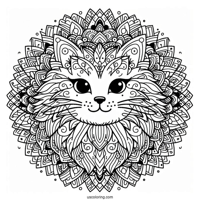 Furry Cat Inside A Complex An Animal Mandala Coloring Page