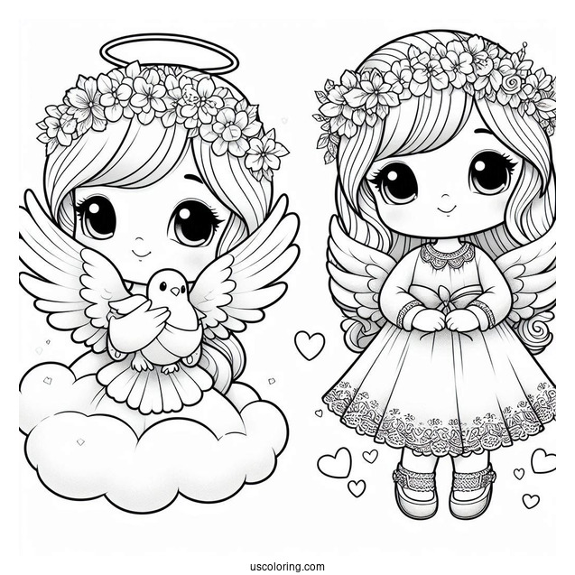 Adorable Angel Girl Holding a Dove To Color