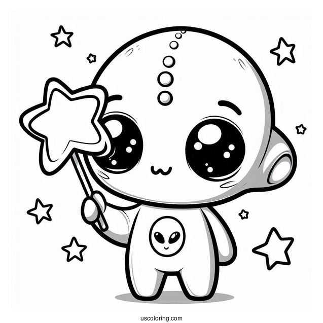 Chibi Alien Coloring Page Holding A Star For Preschoolers