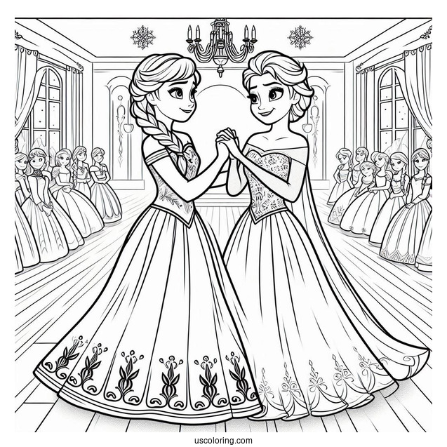 Anna And Elsa Holding Hands In Ballroom Coloring Sheet