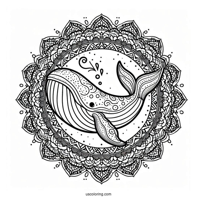 Whale Swimming At The Center Of An Animal Mandala Coloring Page