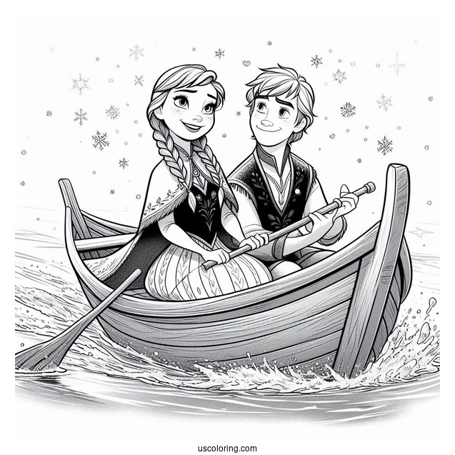Anna And Olaf Riding Ice Boat In Water Coloring Page
