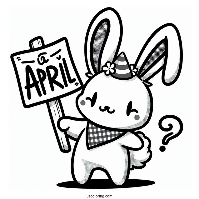 Kawaii Bunny Holding Up An April Coloring Page Fool's Day Sign
