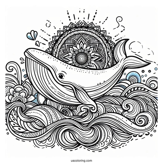 Whale Surfacing From The Waves Animal Mandala Coloring Page