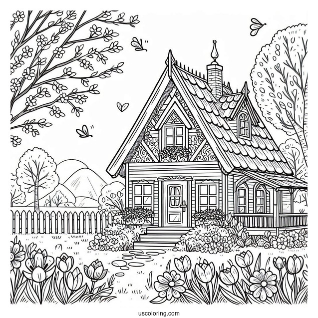 Lovely Spring Cottage In April Coloring Page