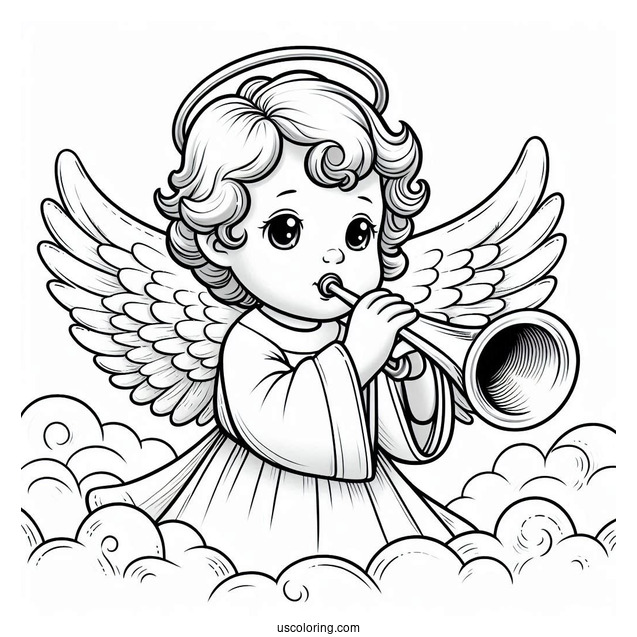 Boy Angel In White Robes Playing Trumpet
