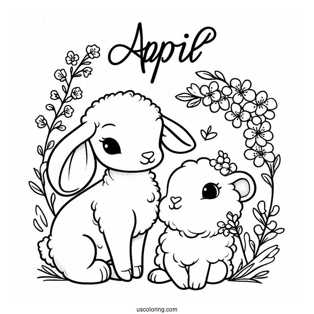Lamb And Rabbit Under April Coloring Page Word For Kids