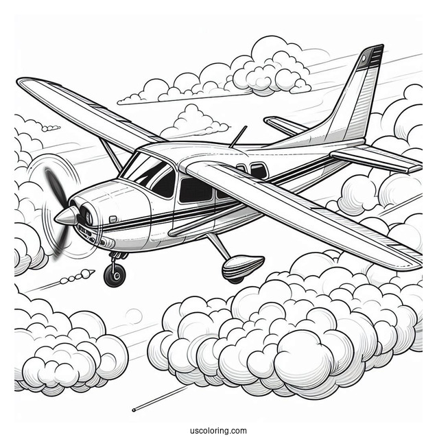Private Plane Flying In The Clouds To Color