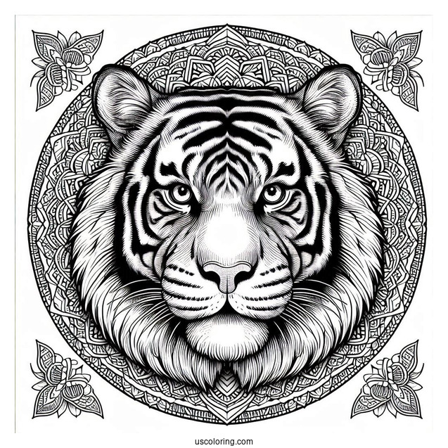 Realistic Tiger Head Inside An Animal Mandala Coloring Page