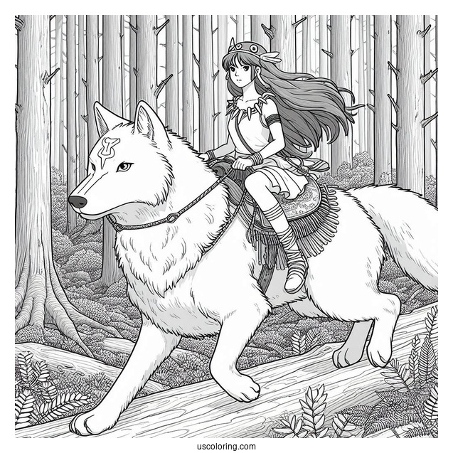 Princess Mononoke Riding Wolf In Cedar Forest