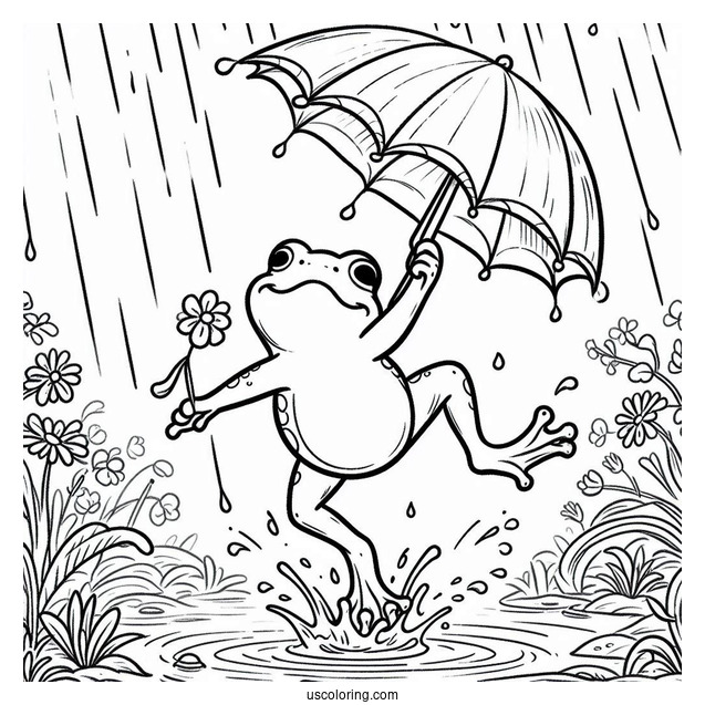 Frog Dancing In The Rain Under April Coloring Page Showers