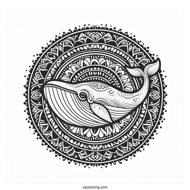 Whale Swimming At The Center Of An Animal Mandala Coloring Page