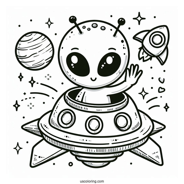 Cute Alien Coloring Page Waving From A Spaceship