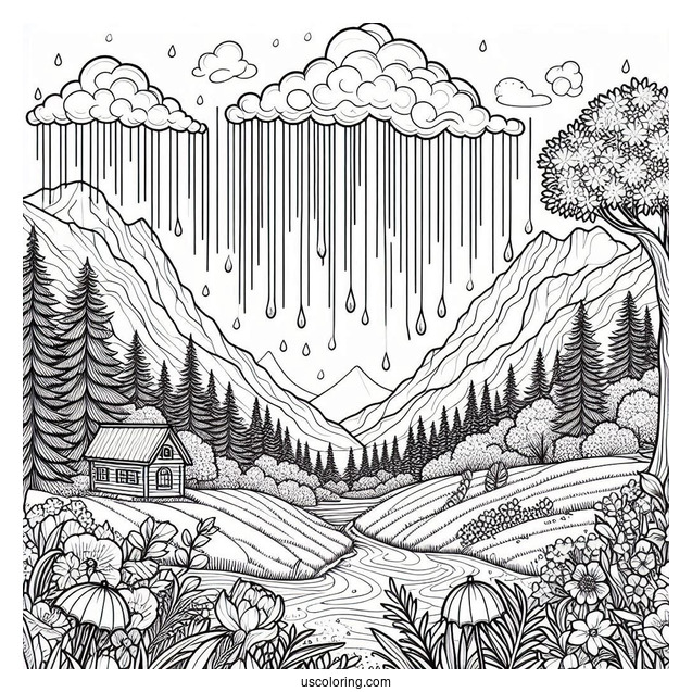 April Coloring Page Showers Over Mountain Landscape