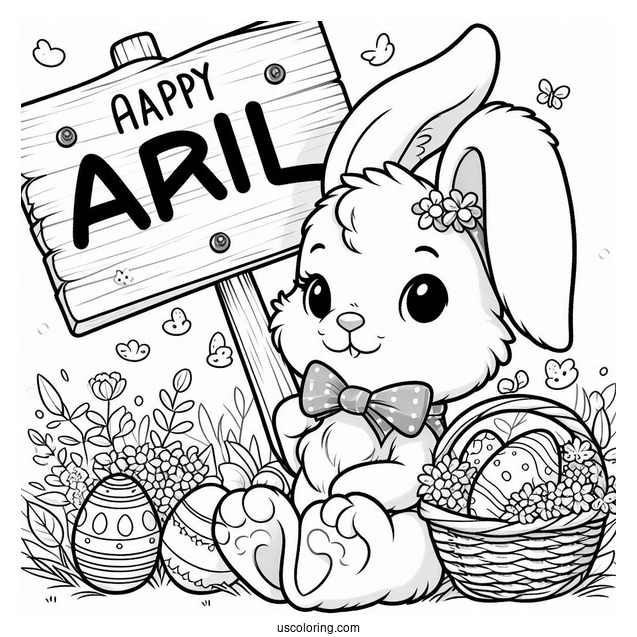 Easter Bunny Holding An April Coloring Page Signage For Kids