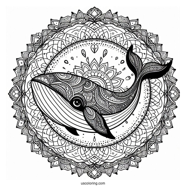 Whale Swimming At The Center Of An Animal Mandala Coloring Page
