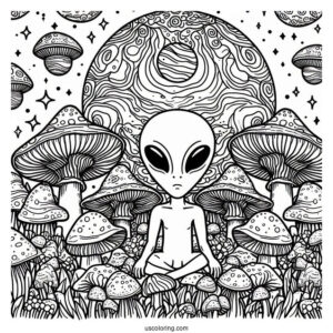 Trippy Alien Coloring Page Surrounded By Mushrooms With Planet At The Back