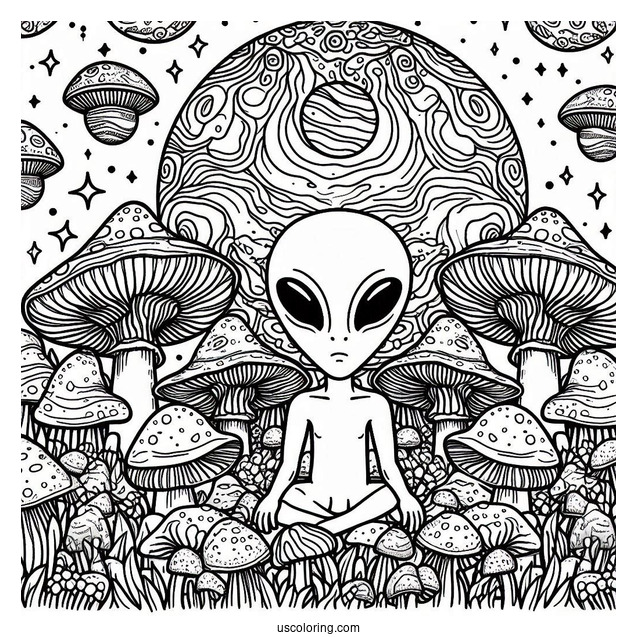 Trippy Alien Coloring Page Surrounded By Mushrooms With Planet At The Back