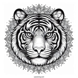 Realistic Tiger Head Inside An Animal Mandala Coloring Page