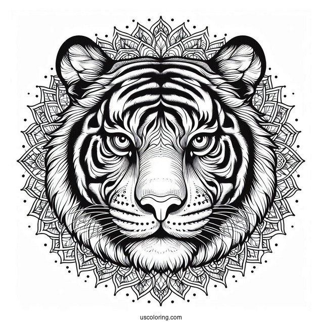 Realistic Tiger Head Inside An Animal Mandala Coloring Page