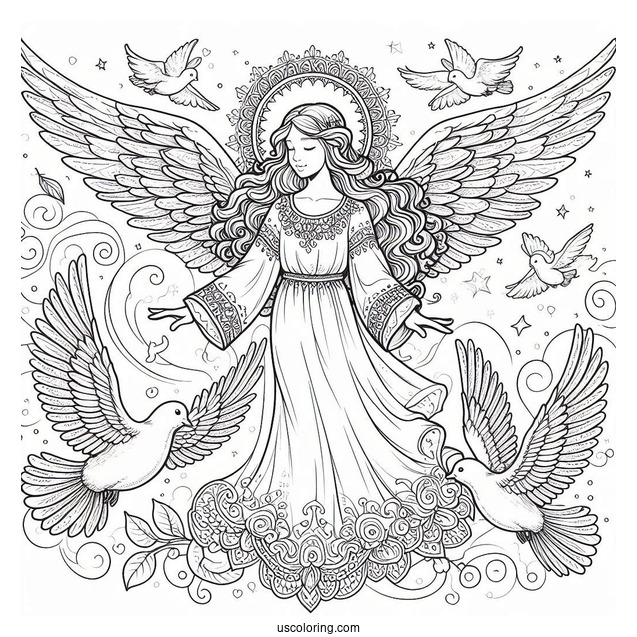 Divine Angel With Doves Coloring Page
