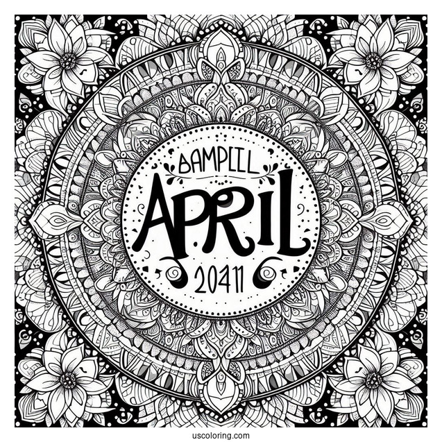 April Coloring Page Bold Text At The Center Of An Intricate Mandala
