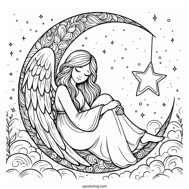 Peaceful Angel Resting On Crescent Moon