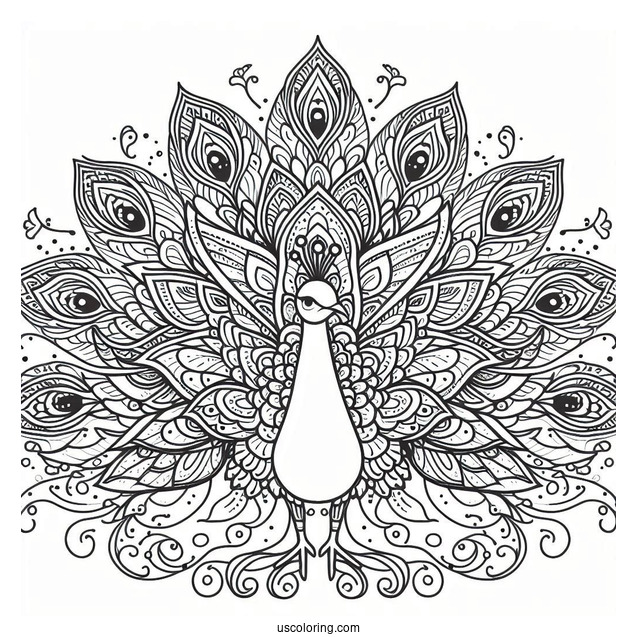 Peacock Spreading Its Wings Animal Mandala Coloring Page