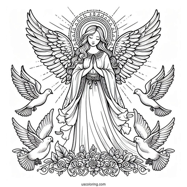 Divine Angel With Doves Coloring Page