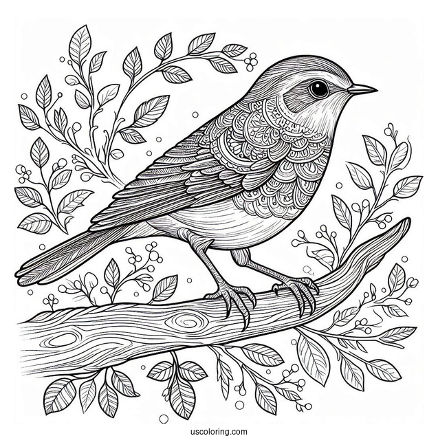 Realistic Bird Perched On A Tree Branch Animal Mandala Coloring Page
