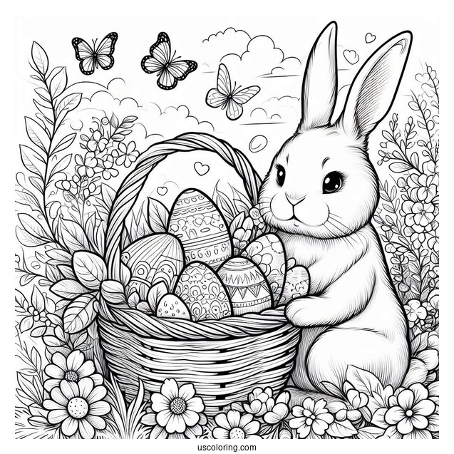 Detailed Easter Bunny Guarding Basket Of Eggs In April Coloring Page