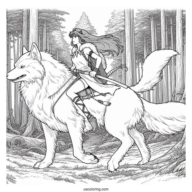 Princess Mononoke Riding Wolf In Cedar Forest