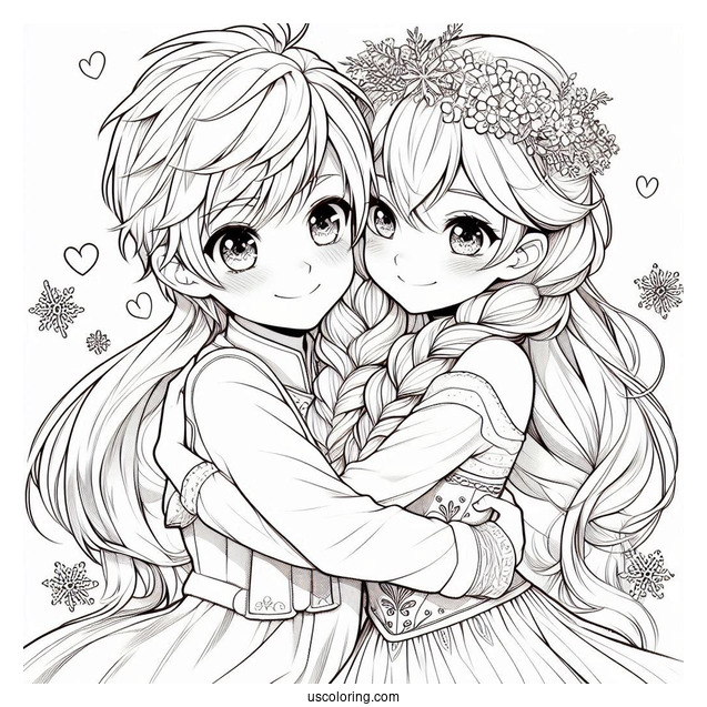 Anime Anna And Elsa Hugging Coloring Sheet For Kids