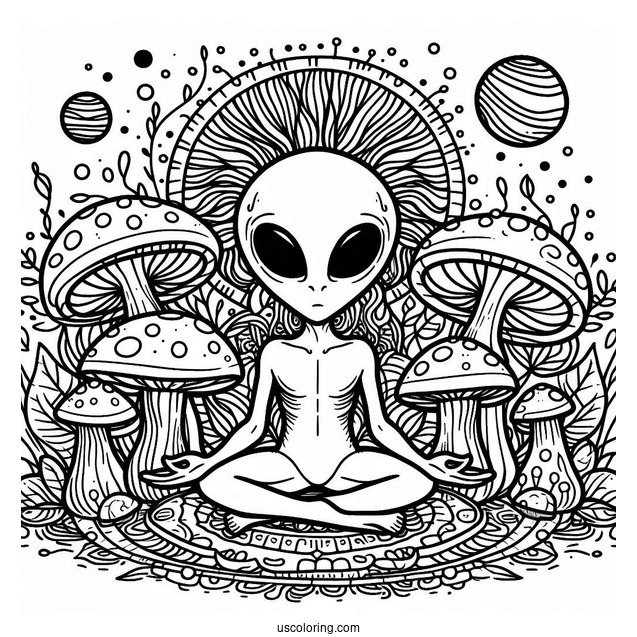 Trippy Alien Coloring Page Surrounded By Mushrooms With Planet At The Back