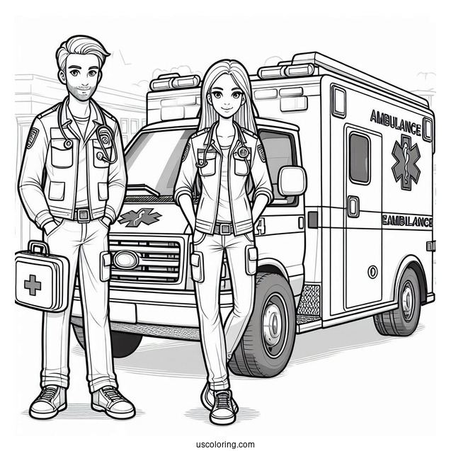 Male And Female Paramedics Standing In Front Of An Ambulance Coloring Page